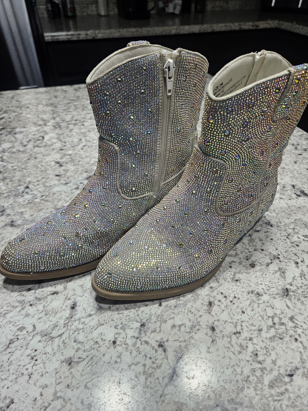 Girls Iridescent Crystal Zip Cowboy Boots - Sparkle Silver
